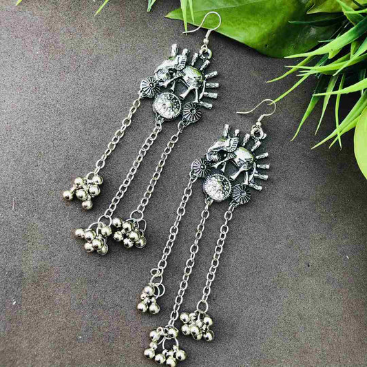 LARQ JEWELS Antique Elephant Design Oxidized Silver Drop Multi Tassle Layer Earrings for Women