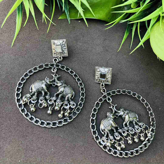 LARQ JEWELS Silver Plated Oxidised Latest Stylish Elephant Chakra Hoop Earring for Women