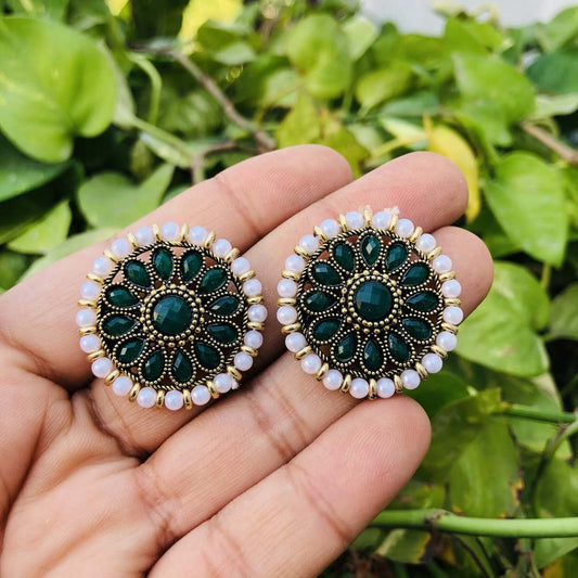 LARQ JEWELS Green Stones Metal Base Metal Pearls Flower Traditional Stud Earring For Women