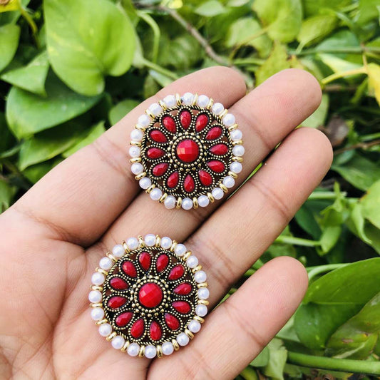 LARQ JEWELS Red Stones Metal Base Metal Pearls Flower Traditional Stud Earring For Women