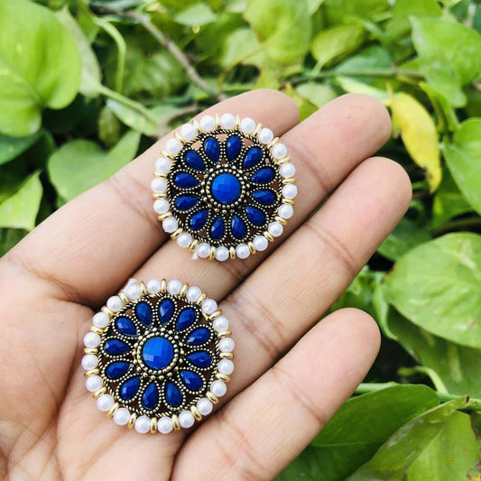 LARQ JEWELS Blue Stones Metal Base Metal Pearls Flower Traditional Stud Earring For Women