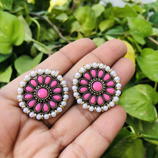 LARQ JEWELS Pink Stones Metal Base Metal Pearls Flower Traditional Stud Earring