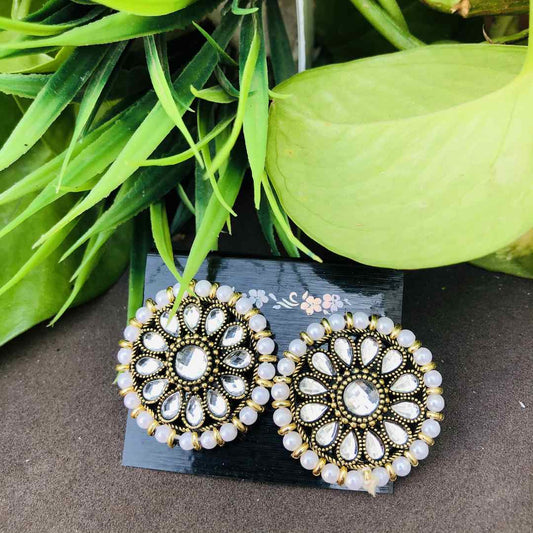 LARQ JEWELS White Stones Metal Base Metal Pearls Flower Traditional Stud Earring
