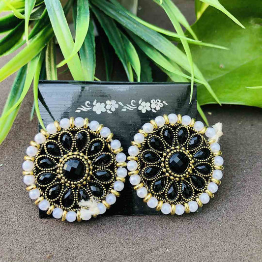 LARQ JEWELS Black Stones Metal Base Metal Pearls Flower Traditional Stud Earring For Women