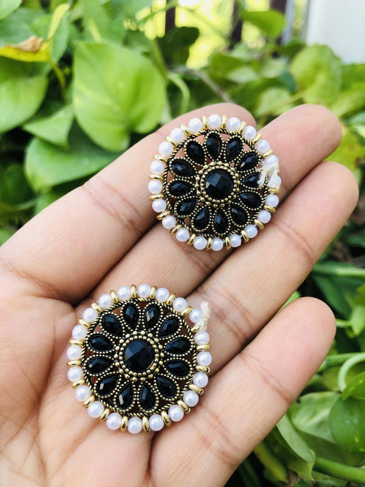 LARQ JEWELS Black Stones Metal Base Metal Pearls Flower Traditional Stud Earring For Women