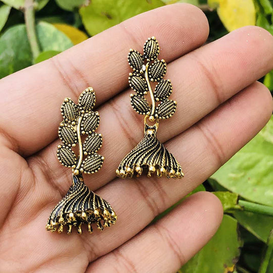 LARQ JEWELS Indian Ethnic Non-precious Metal Oxidized Silver Floral Leaf Drop Earrings - Black