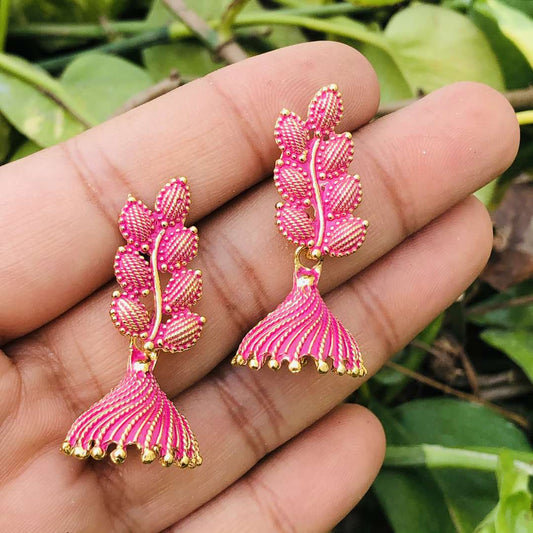 LARQ JEWELS Indian Ethnic Non-precious Metal Oxidized Silver Floral Leaf Drop Earrings - Pink