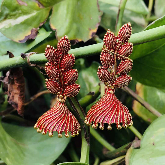 LARQ JEWELS Indian Ethnic Non-precious Metal Oxidized Silver Floral Leaf Drop Earrings - Red