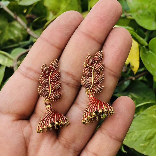LARQ JEWELS Indian Ethnic Non-precious Metal Oxidized Silver Floral Leaf Drop Earrings - Red