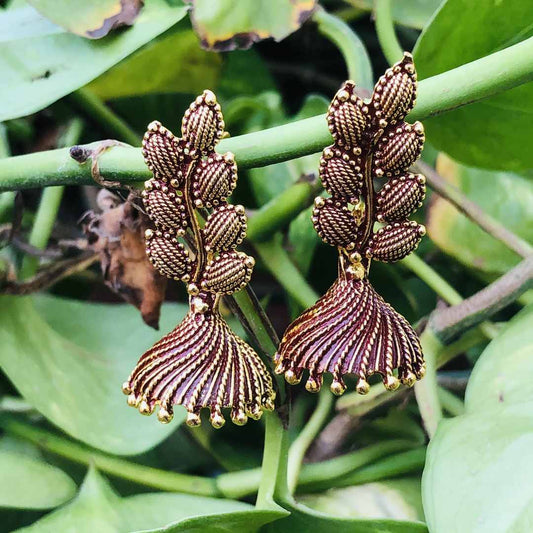 LARQ JEWELS Indian Ethnic Non-precious Metal Oxidized Silver Floral Leaf Drop Earrings - Maroon