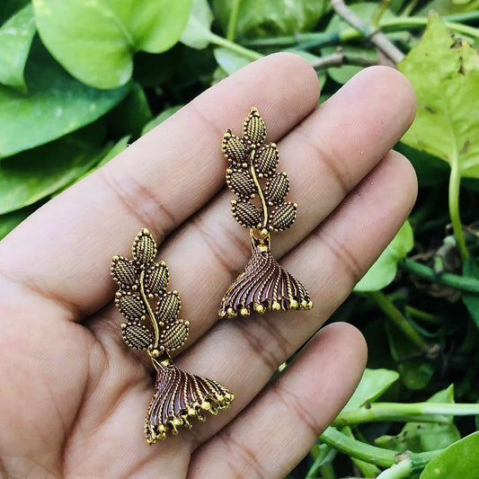 LARQ JEWELS Indian Ethnic Non-precious Metal Oxidized Silver Floral Leaf Drop Earrings - Maroon