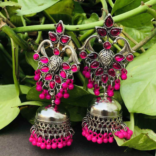 LARQ JEWELS Oxidized Silver German Pink Stone Studded Jhumkas For Women Jhumki Earrings for Women