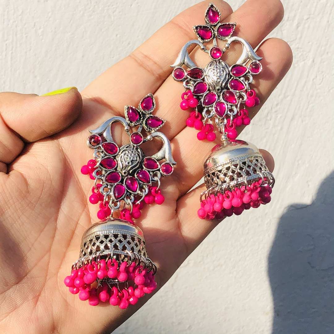 LARQ JEWELS Oxidized Silver German Pink Stone Studded Jhumkas For Women Jhumki Earrings for Women