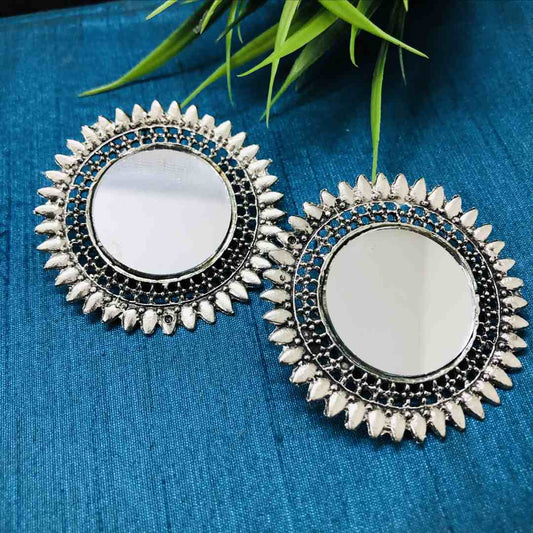 LARQ JEWELS Sun Flower Style Party Wear Ethnic Silver Plated Mirror Stud with Drop Earrings