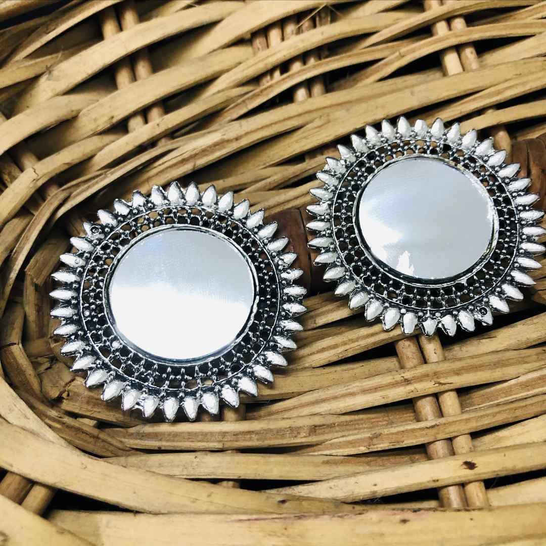 LARQ JEWELS Sun Flower Style Party Wear Ethnic Silver Plated Mirror Stud with Drop Earrings