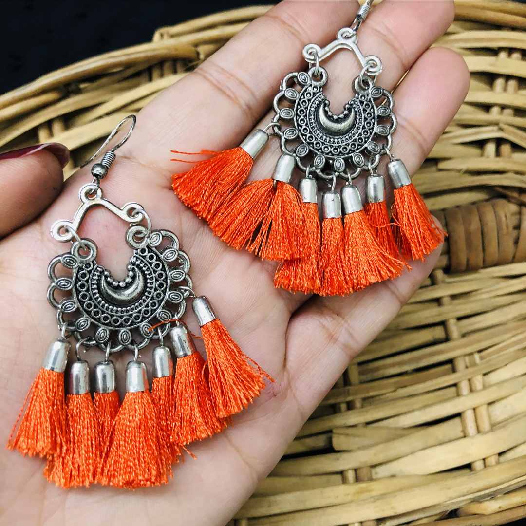 LARQ JEWELS Women's Pearl Embellished Orange Color Silk Thread Oxidized Silver Jhumki