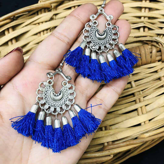 LARQ JEWELS Women's Pearl Embellished Blue Color Oxidized Silver Jhumki
