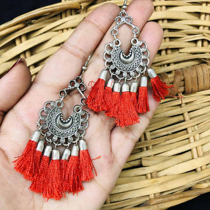 LARQ JEWELS Women's Pearl Embellished Red Color Silk Thread Oxidized Silver Jhumki