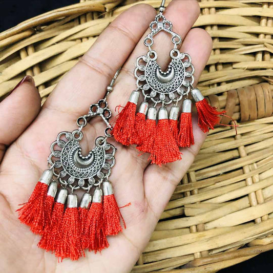 LARQ JEWELS Women's Pearl Embellished Red Color Silk Thread Oxidized Silver Jhumki