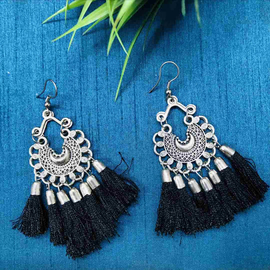LARQ JEWELS Women's Pearl Embellished Black Color Silk Thread Oxidized Silver Jhumki