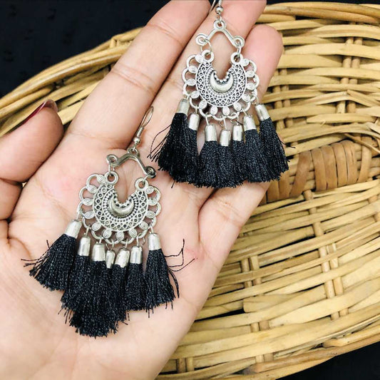 LARQ JEWELS Women's Pearl Embellished Black Color Silk Thread Oxidized Silver Jhumki