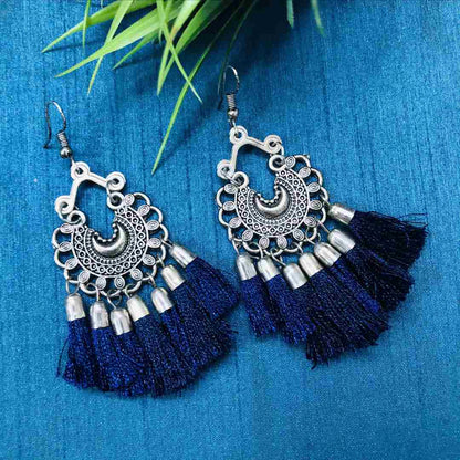 LARQ JEWELS Women's Pearl Embellished NAVY Blue Color Silk Thread Oxidized Silver Jhumki
