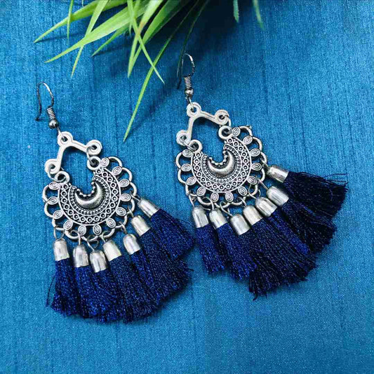 LARQ JEWELS Women's Pearl Embellished NAVY Blue Color Silk Thread Oxidized Silver Jhumki