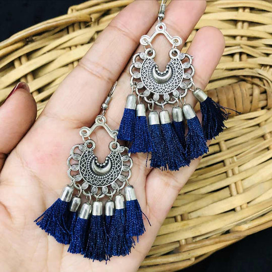 LARQ JEWELS Women's Pearl Embellished NAVY Blue Color Silk Thread Oxidized Silver Jhumki