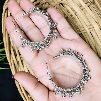 LARQ JEWELS oxidized silver Afghani ghungroo hoop earrings for girls and women