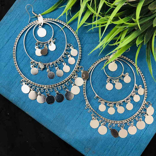 LARQ JEWELS Unique Style Oxidized Silver Metal Bead Big Round Hoop Earrings for Women (Silver)