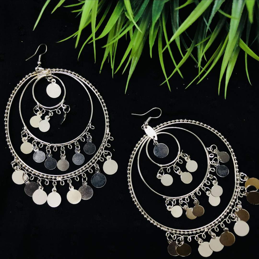 LARQ JEWELS Unique Style Oxidized Silver Metal Bead Big Round Hoop Earrings for Women (Silver)