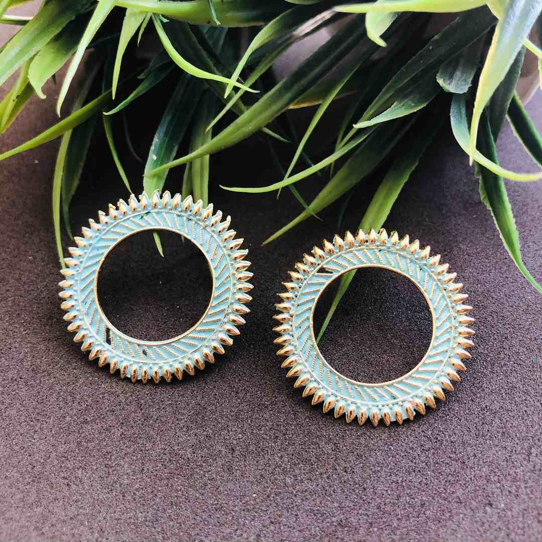 LARQ JEWELS Designer Afghani Gypsy Tribal Lightweight Oxidized Silver Circular Ring Stud Earrings- Blue