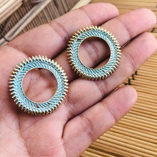 LARQ JEWELS Designer Afghani Gypsy Tribal Lightweight Oxidized Silver Circular Ring Stud Earrings- Blue