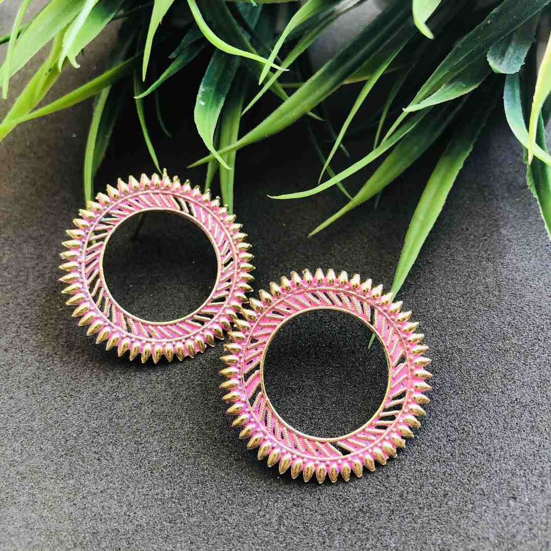 LARQ JEWELS Designer Afghani Gypsy Tribal Lightweight Oxidized Silver Circular Ring Stud Earrings- Pink