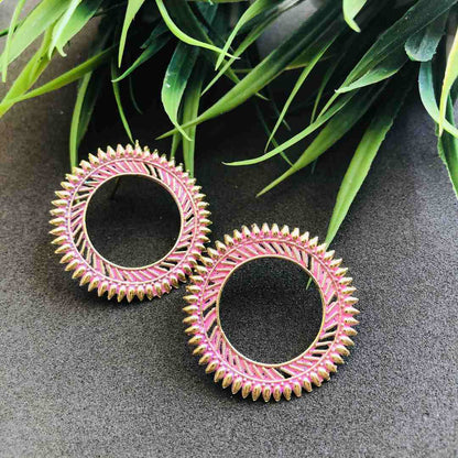 LARQ JEWELS Designer Afghani Gypsy Tribal Lightweight Oxidized Silver Circular Ring Stud Earrings- Pink