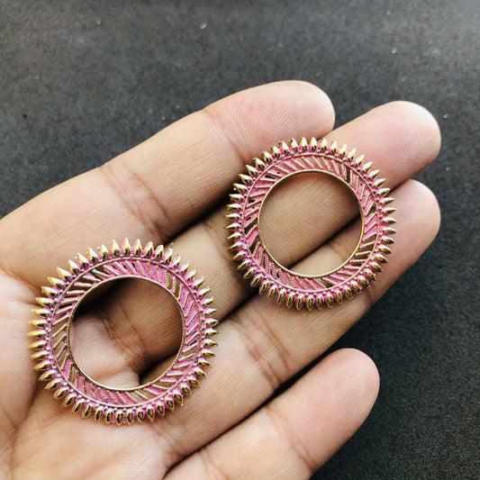 LARQ JEWELS Designer Afghani Gypsy Tribal Lightweight Oxidized Silver Circular Ring Stud Earrings- Pink