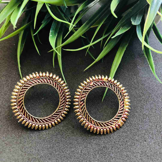LARQ JEWELS Designer Afghani Gypsy Tribal Lightweight Oxidized Silver Circular Ring Stud Earrings- Red