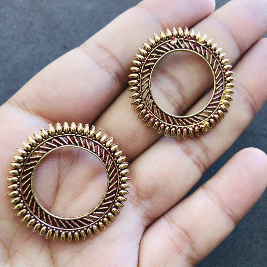LARQ JEWELS Designer Afghani Gypsy Tribal Lightweight Oxidized Silver Circular Ring Stud Earrings- Red