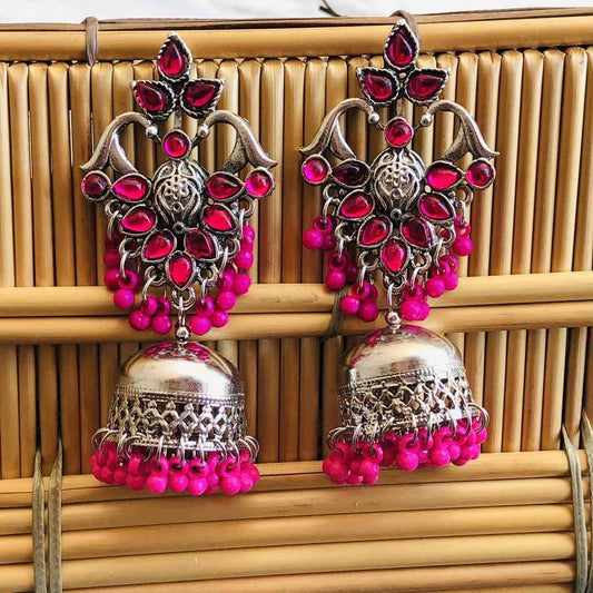 LARQ JEWELS Oxidized Silver German Pink Stone Studded Jhumkas For Women Jhumki Earrings for Women