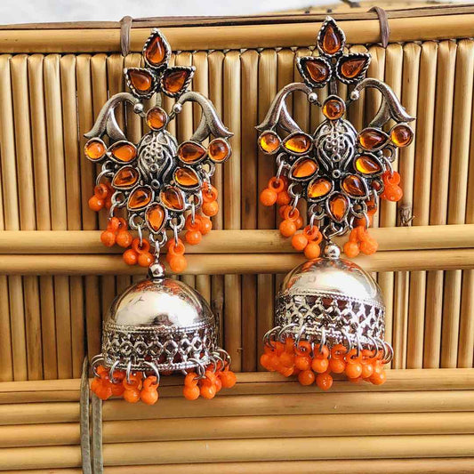 LARQ JEWELS Oxidized Silver German Orange Stone Studded Jhumkas For Women Jhumki Earrings for Women