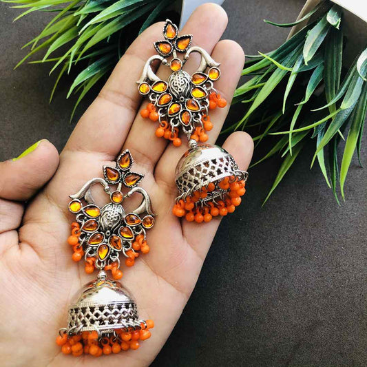 LARQ JEWELS Oxidized Silver German Orange Stone Studded Jhumkas For Women Jhumki Earrings for Women