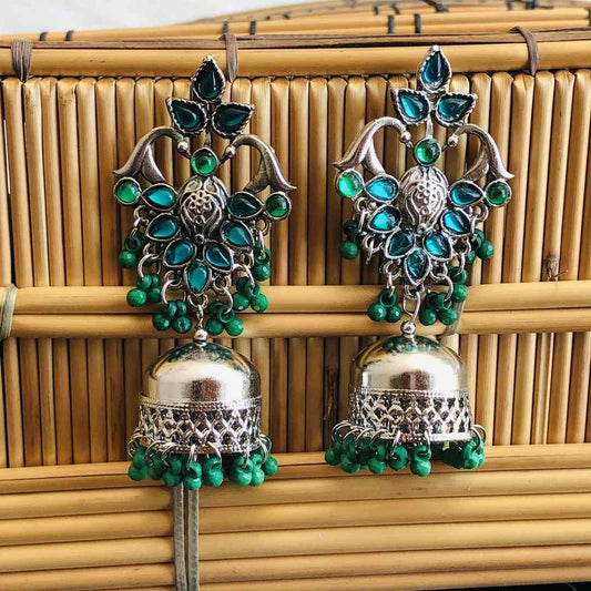LARQ JEWELS Oxidized Silver German Green Stone Studded Jhumkas For Women Jhumki Earrings for Women