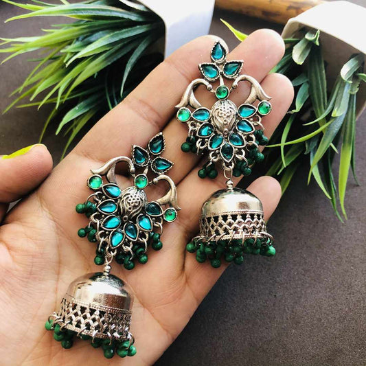 LARQ JEWELS Oxidized Silver German Green Stone Studded Jhumkas For Women Jhumki Earrings for Women