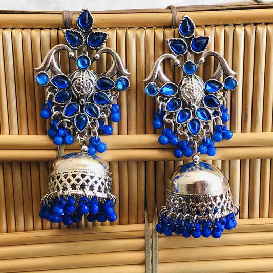LARQ JEWELS Oxidized Silver German Blue Stone Studded Jhumkas For Women Jhumki Earrings for Women