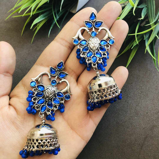 LARQ JEWELS Oxidized Silver German Blue Stone Studded Jhumkas For Women Jhumki Earrings for Women