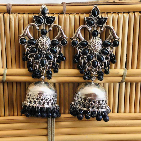 LARQ JEWELS Oxidized Silver German Black Stone Studded Jhumki Earrings for Women