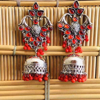 LARQ JEWELS Oxidized Silver German Red Stone Studded Jhumki Earrings for Women