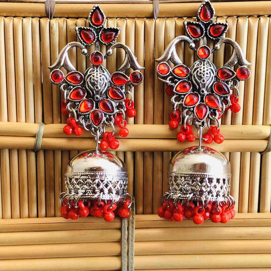 LARQ JEWELS Oxidized Silver German Red Stone Studded Jhumki Earrings for Women