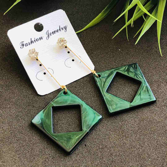 LARQ JEWELS Western Gold Chain Stone Stud Square end Marble Print Earring For women- Green