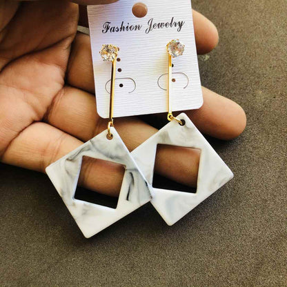 LARQ JEWELS Western Gold Chain Stone Stud Square end Marble Print Earring For women- White